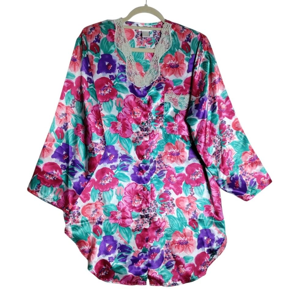 Vintage 90s Nordstrom Satin Floral Print Sleep Shirt Size Medium